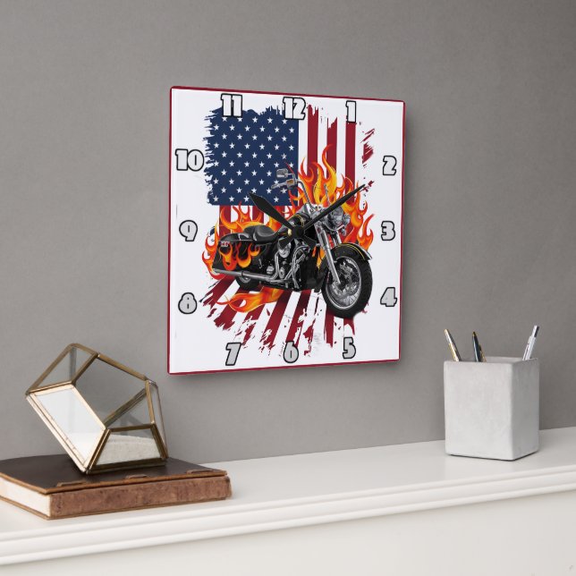 Flamed bike by American flag Square Wall Clock (Office)