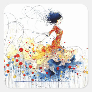 Flamenco Dancer in Flowing Multicolored Motion #1 Square Sticker