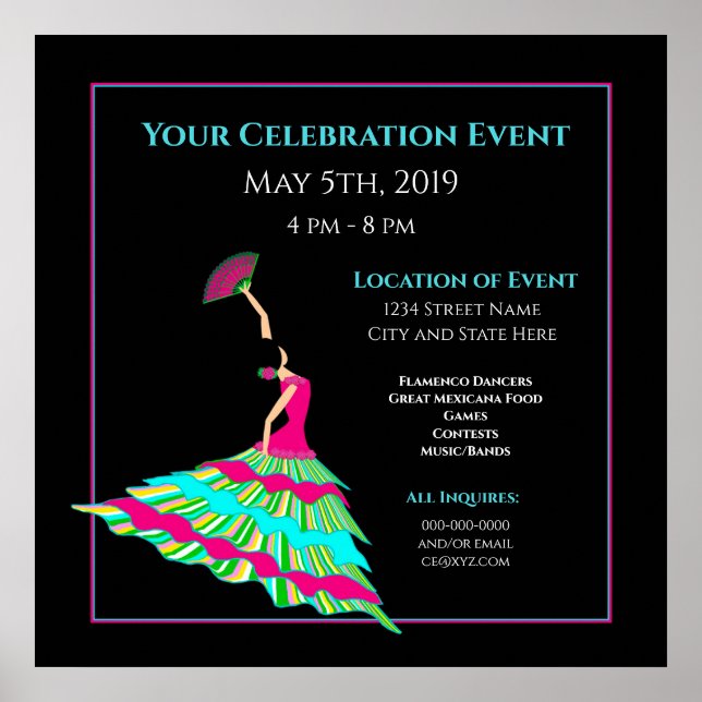 Flamenco Dancer Poster Isolated Black, Your Info. (Front)