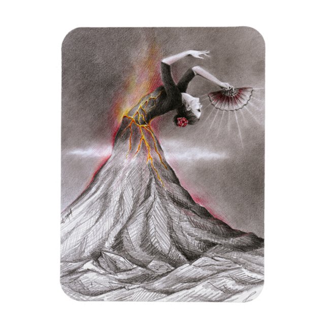Flamenco dancing woman volcano surreal pencil art magnet (Vertical)