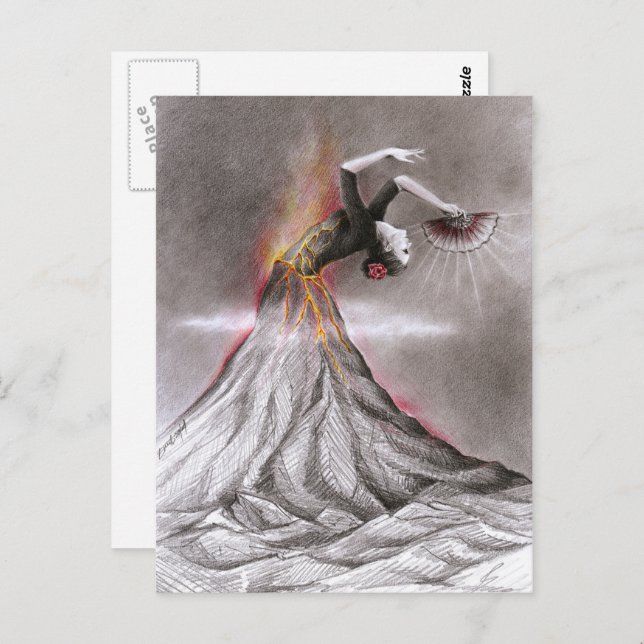 Flamenco dancing woman volcano surreal pencil art postcard (Front/Back)