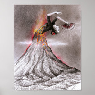 Flamenco dancing woman volcano surreal pencil art poster