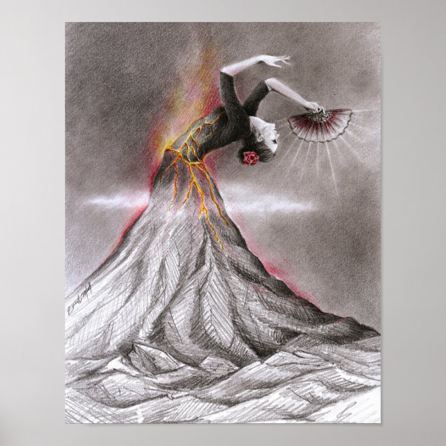 Flamenco dancing woman volcano surreal pencil art poster (Front)
