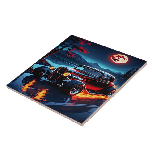 Flames and moonlight dance over a classic hot rod ceramic tile (Side)