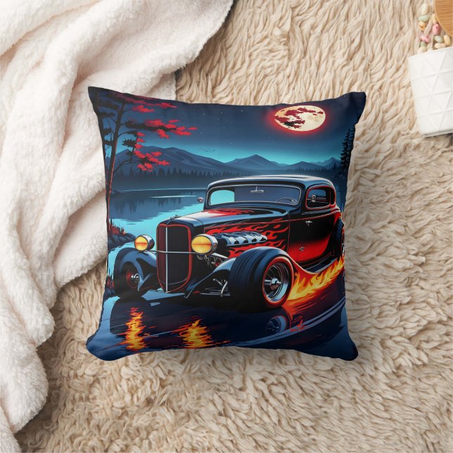Flames and moonlight dance over a classic hot rod cushion (Blanket)