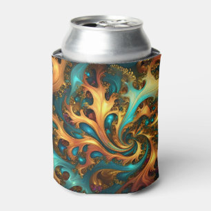 Flames of Color: Teal, Gold, Orange Fractal Dance Can Cooler