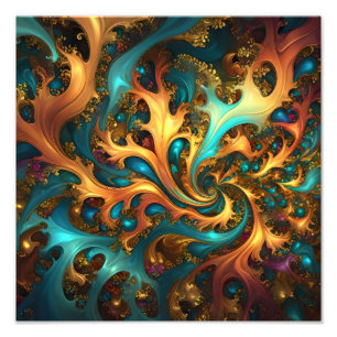 Flames of Color: Teal, Gold, Orange Fractal Dance Photo Print