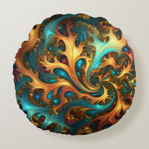 Flames of Color: Teal, Gold, Orange Fractal Dance Round Cushion