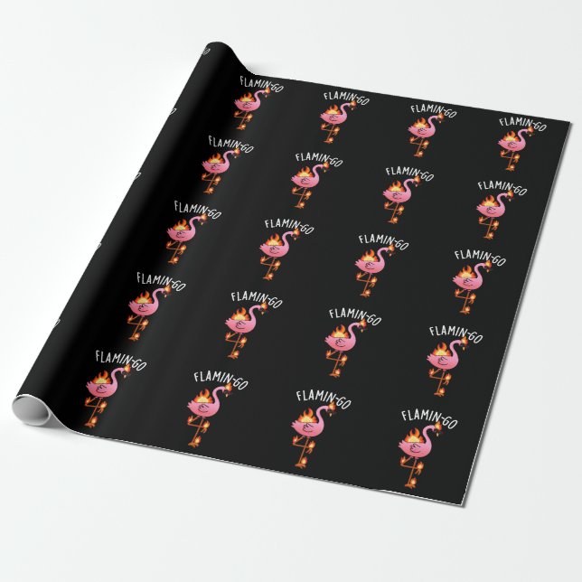 Flamin-go Funny Flamingo Pun Dark BG Wrapping Paper (Unrolled)