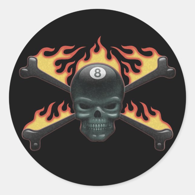 Flaming 8 Skull Classic Round Sticker (Front)