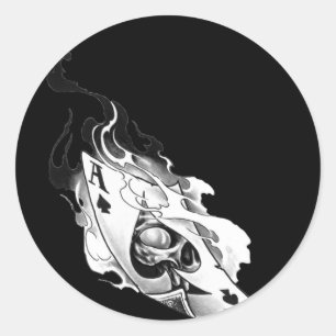 Flaming Ace Skull Classic Round Sticker