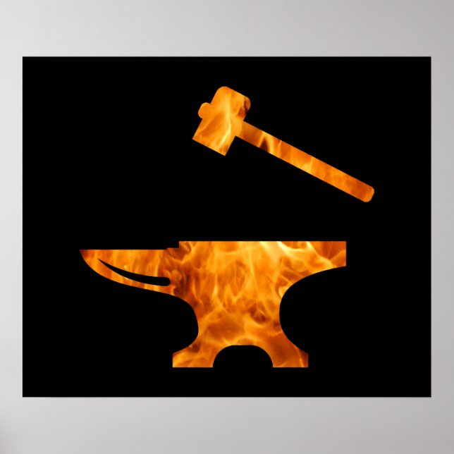 Flaming Anvil & Hammer Blacksmith Metalworking Poster (Front)