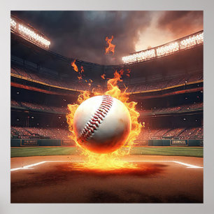 Flaming Baseball In Stadium Poster