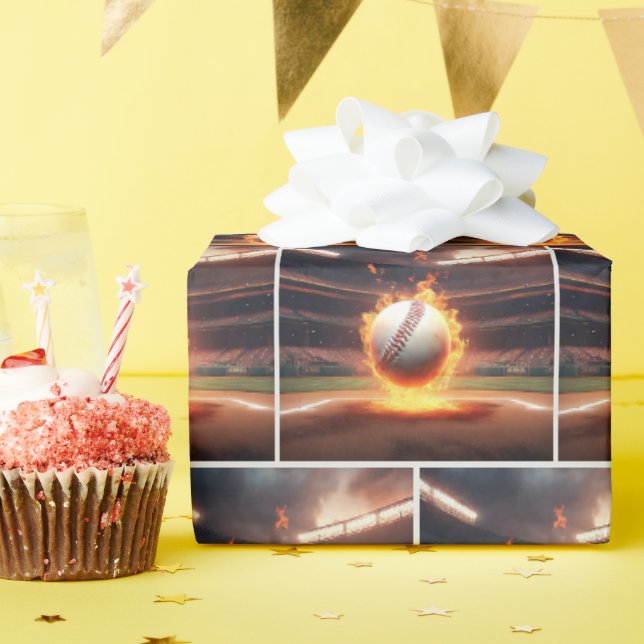 Flaming Baseball In Stadium Wrapping Paper (Birthday Party)