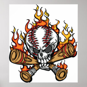 Flaming Baseball Skull Poster