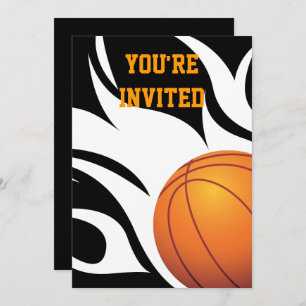 Flaming Basketball Birthday B/W Party Invitation