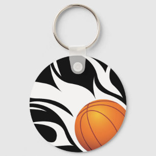 Flaming Basketball Black and White Key Ring