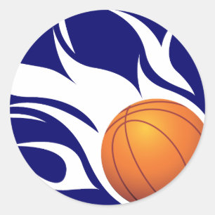 Flaming Basketball Blue and White Classic Round Sticker