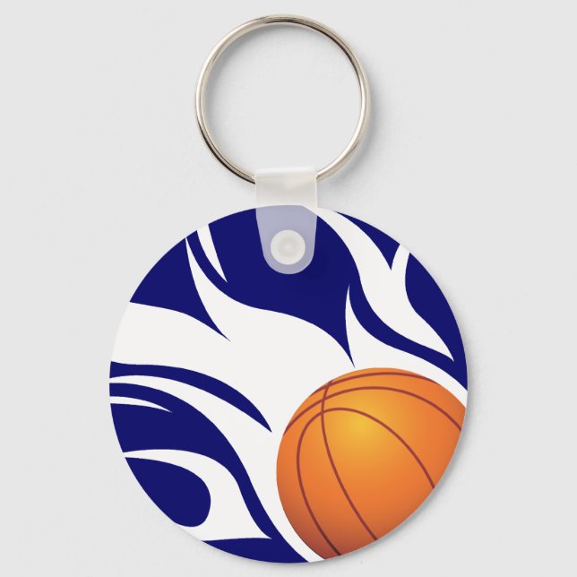 Flaming Basketball Blue and White Key Ring (Front)