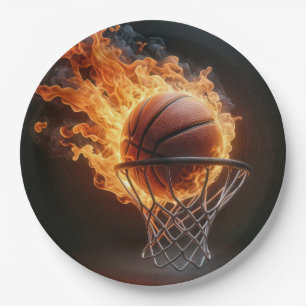 Flaming Basketball In the Hoop Paper Plate