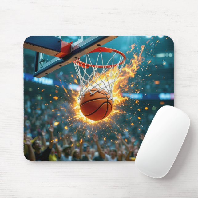 Flaming Basketball In the Net Mouse Pad (With Mouse)