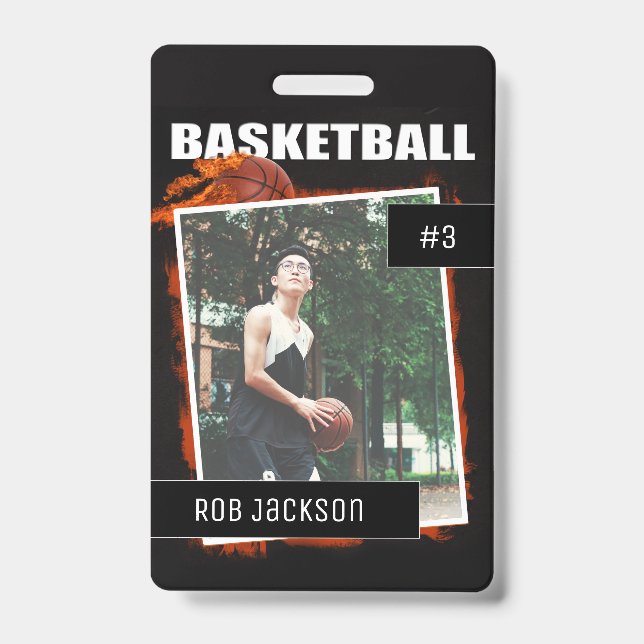 Flaming Basketball Personalised Photo badge ID Badge (Front)