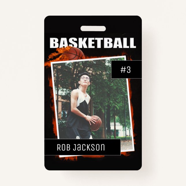 Flaming Basketball Personalised Photo badge ID Badge (Front)