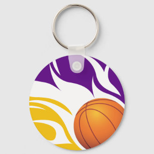 Flaming Basketball Purple and Gold Key Ring