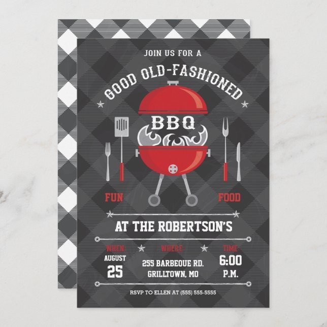 Flaming BBQ Grill Invitation, Chalkboard / Gingham Invitation (Front/Back)