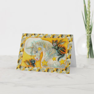 FLAMING BLACK CATS WITH HALLOWEEN UNICORN Colourfu Holiday Card