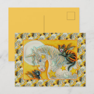 FLAMING BLACK CATS WITH HALLOWEEN UNICORN Colourfu Holiday Postcard