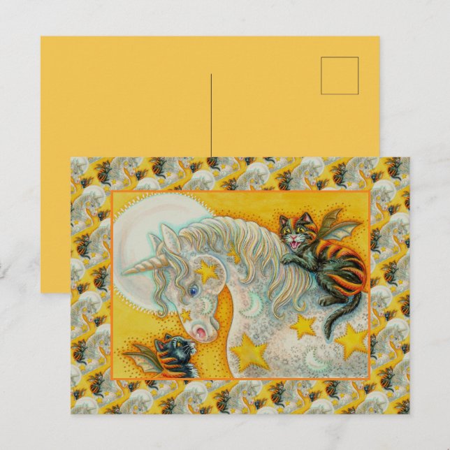 FLAMING BLACK CATS WITH HALLOWEEN UNICORN Colourfu Holiday Postcard (Front/Back)