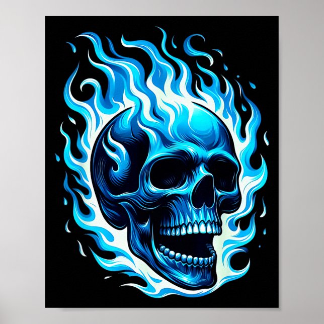 Flaming Blue Skull Cool Fun Graphic  Poster (Front)