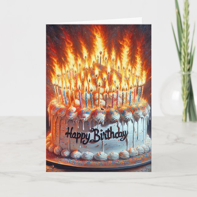 Flaming Candles On A Birthday Cake Card (Front)