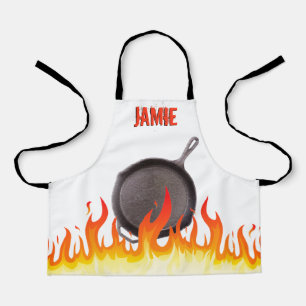 Flaming cast iron skillet frying pan personalised apron