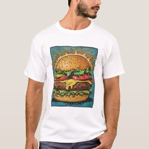 Flaming Classic Burger Illustration T-Shirt