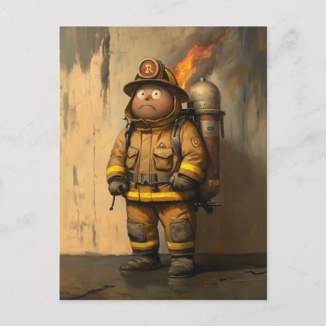 Flaming Concern: The Overwhelmed Firefighter Postcard (Front)