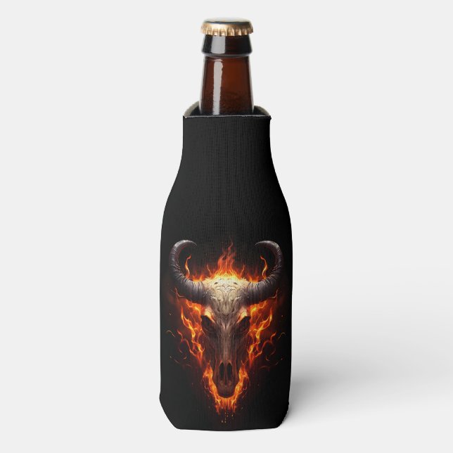 Flaming Cow Skull Goth Bottle Cooler (Bottle Front)