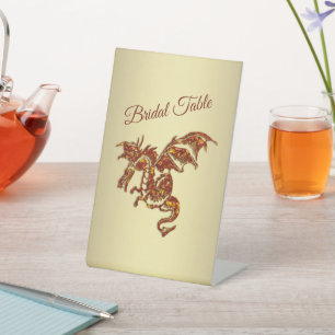 Flaming Dragon on Gold Bridal Table Pedestal Sign