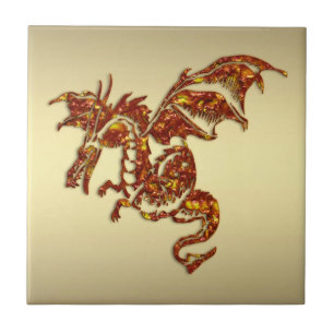 Flaming Dragon on Gold Ceramic Tile