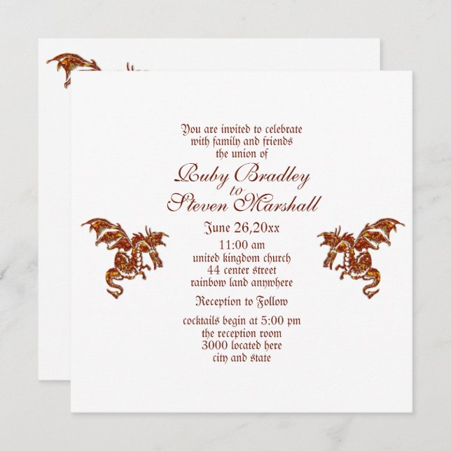  Flaming Dragon White Fantasy Wedding Theme   Invitation (Front/Back)