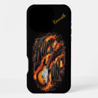 Flaming electric guitar with bold text