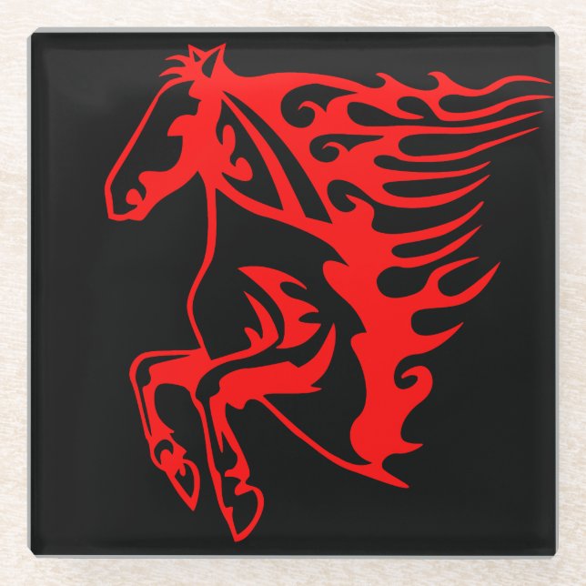 Flaming Fire Red Bronco Mustang Wild Horse Glass Coaster (Front)