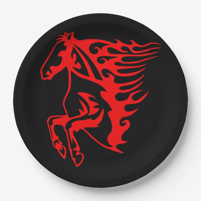 Flaming Fire Red Bronco Mustang Wild Horse Paper Plate (Front)