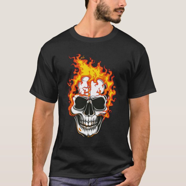 Flaming Fire Skull  T-Shirt (Front)