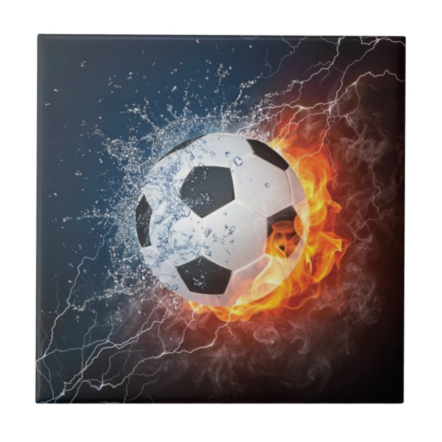 Flaming Football/Soccer Ball Throw Pillow Ceramic Tile (Front)