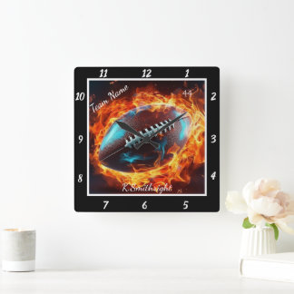 Flaming Football Sports Team Square Wall Clock