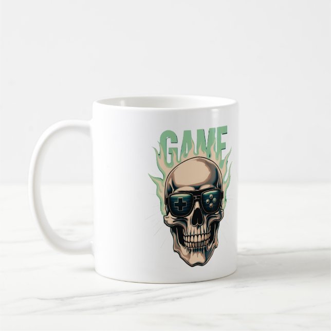 Flaming Gamer Skull – Retro Gaming Power Coffee Mug (Left)