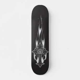 Flaming Goth Skull Cross Skateboard