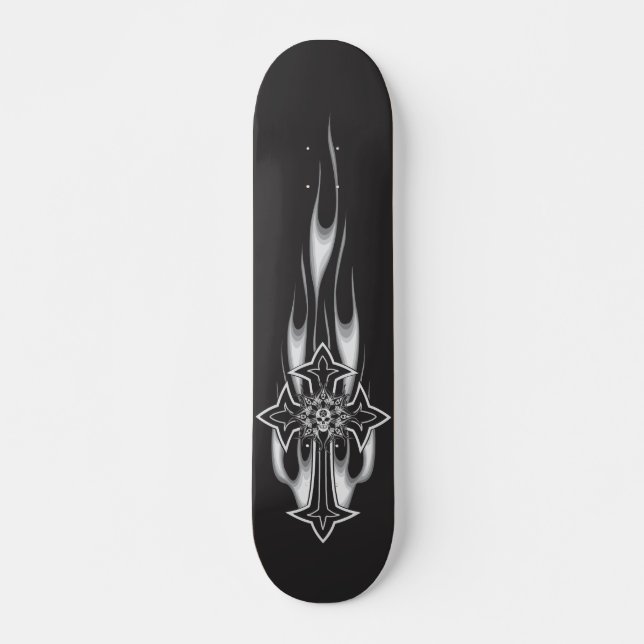 Flaming Goth Skull Cross Skateboard (Front)
